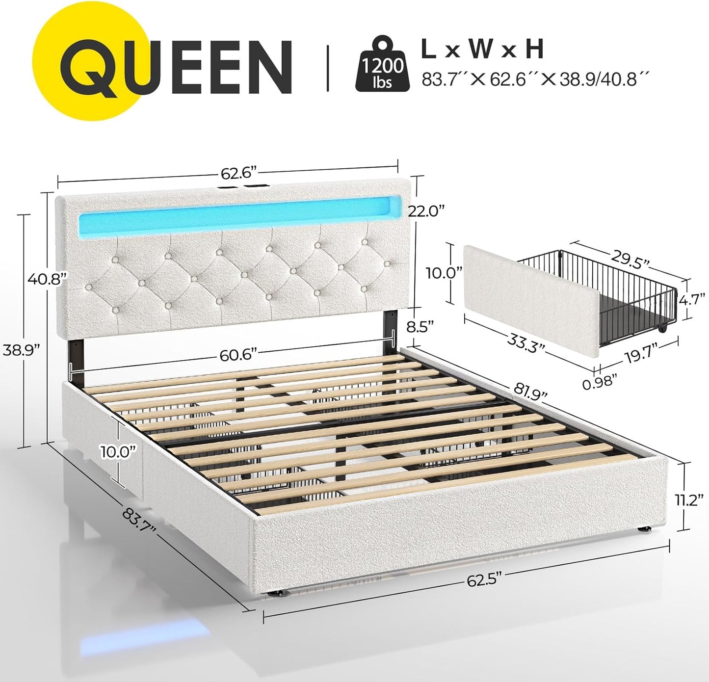 Rolanstar Queen Bed Frame with 4 Storage Drawers and Charging Station, Queen Bed with Led Lights, 2 USB & 1 Type C, Adjustable Headboard 38.9/40.10 Inches, No Box Spring Needed, White