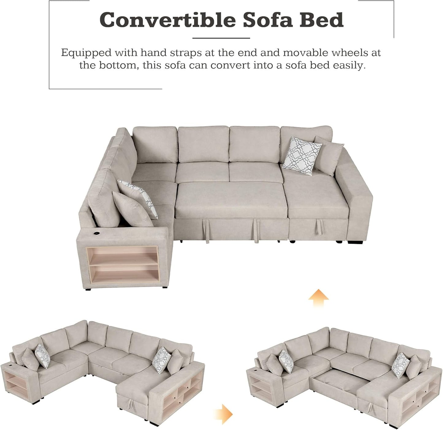 109" U-shaped Sectional Pull-out Sofa Bed with Storage Chaise,2-in-1 Convertible Couch W/ 4 Back Pillow & 2 USB Ports,Luxurious Sleeper Furniture Set for Living Room Large Space,Beige Chenille