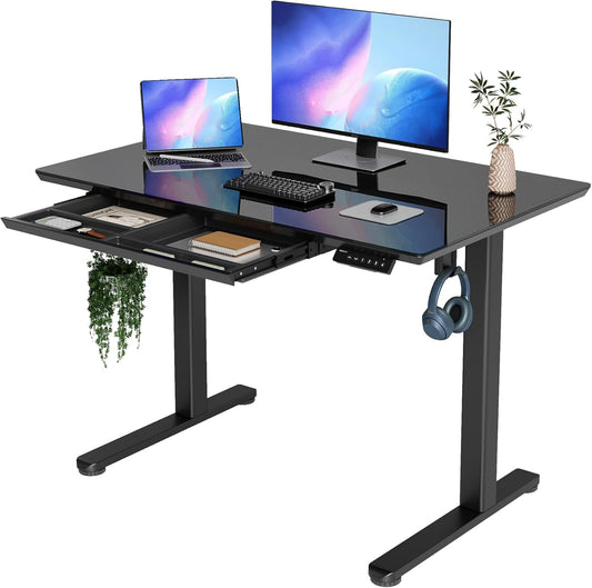 INNOVAR Glass Standing Desk with Drawers, 40×24 Inch Adjustable Stand Up Desk Quick Install Home Office Computer Desk, Black