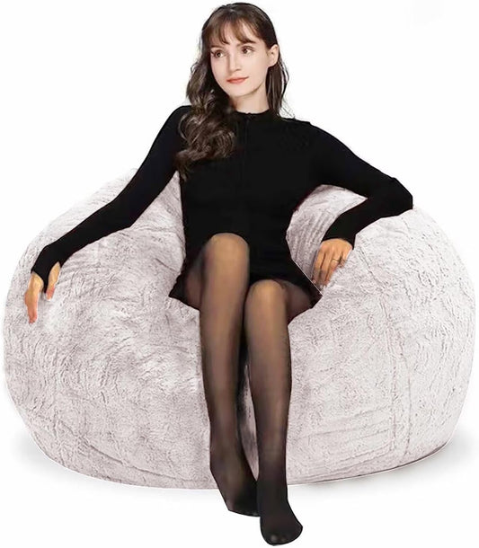 Bean Bag Chairs for Kids Comfy Fluffy Big Joe Bean Bag Chair Cover Without Filler Round Sofa Chairs for Bedroom Living Room Decor, 5FT, White