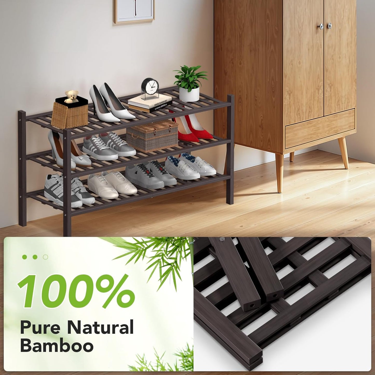 Haddockway Long 3 Tier Bamboo Shoe Rack Storage Organizer, Multifunctional Free Standing Stackable Shoe Shelf with Grid Panel for Closet,Hallway,Entryway,Small Space 34.2"x11"x20"(Brown, 3-Tier(Long))