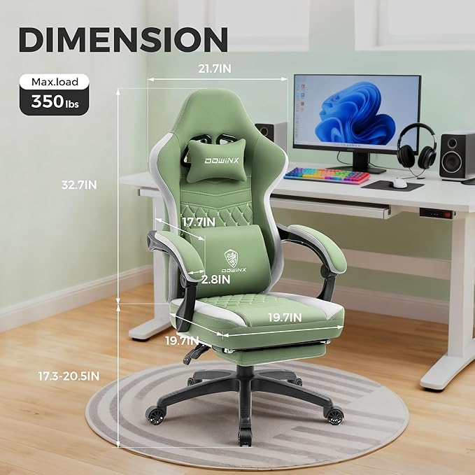 Dowinx Gaming Chair Breathable Fabric Game Chair with Gel Pad and Storage Bag, Comfortable Gamer Chair with Pocket Spring Cushion, Ergonomic Computer Chair with Footrest, Green