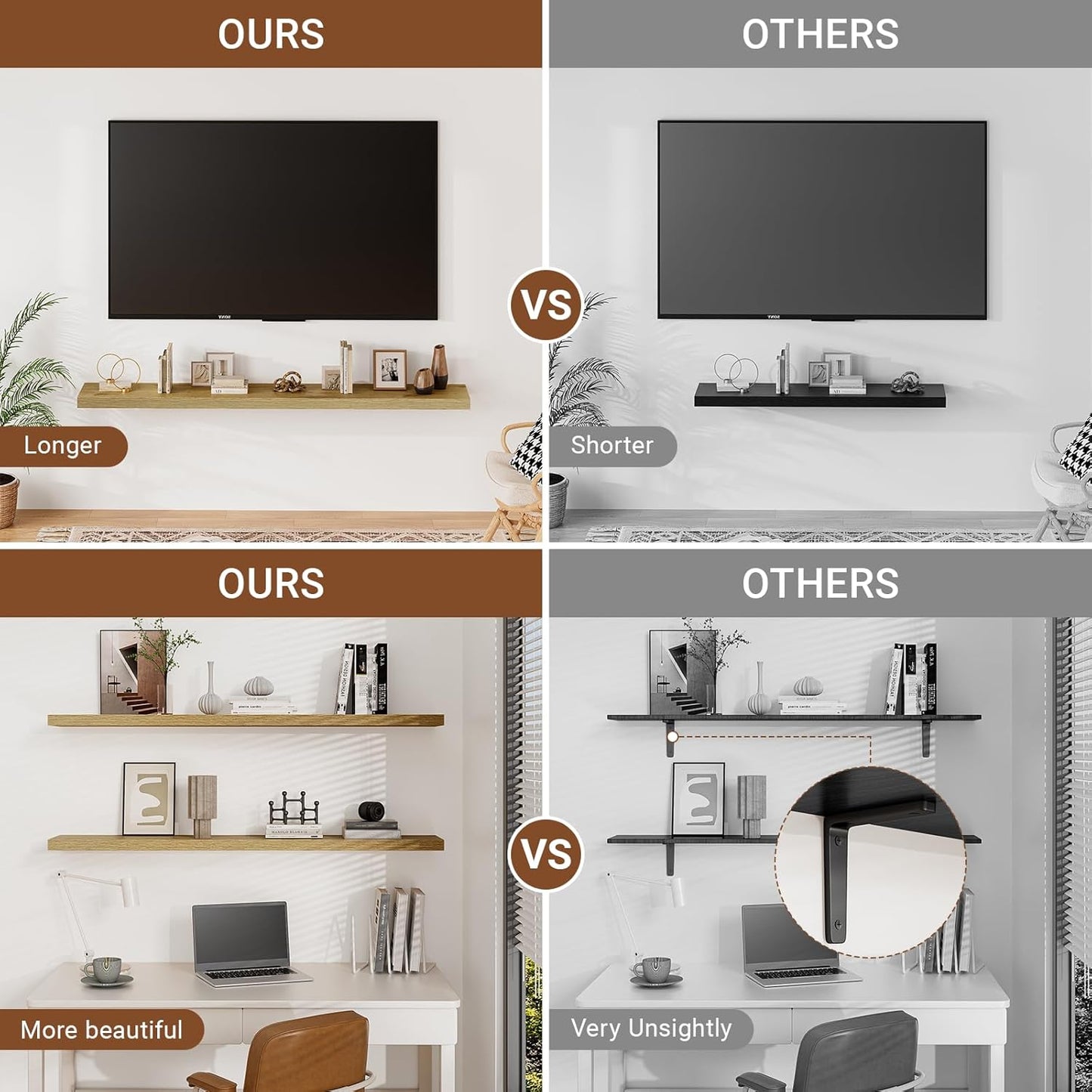 Heimlove Floating Shelves for Wall 36 Inches Long,9.3" Deep Oak Floating Shelf Set of 2,Wall Mounted Shelves for Bathroom Bedroom Living Room Kitchen Office,Shelf for Books Storage,Home Decor