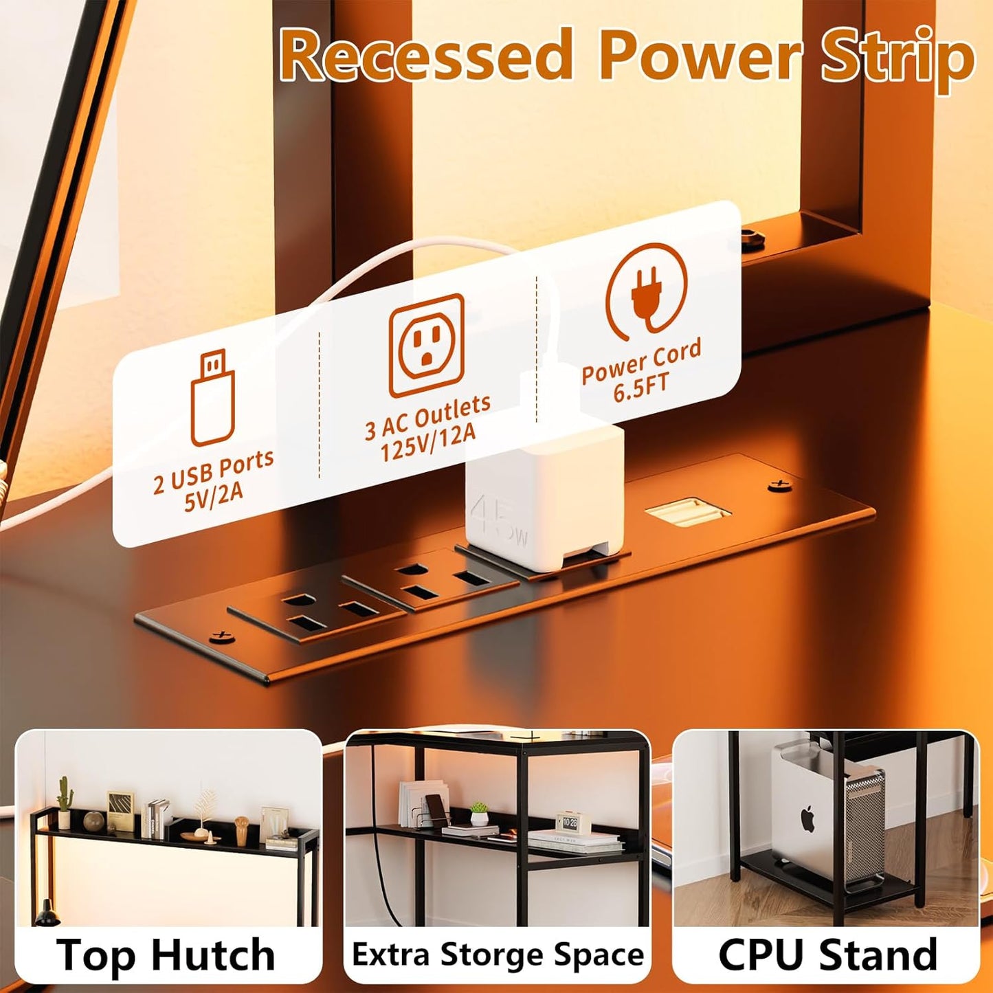 L Shaped Computer Desk with Hutch and Storage Shelves, Gaming Desk with LED Lights, Reversible L-Shaped Desk with Power Outlets, Home Office Desk, Corner Desk, Black