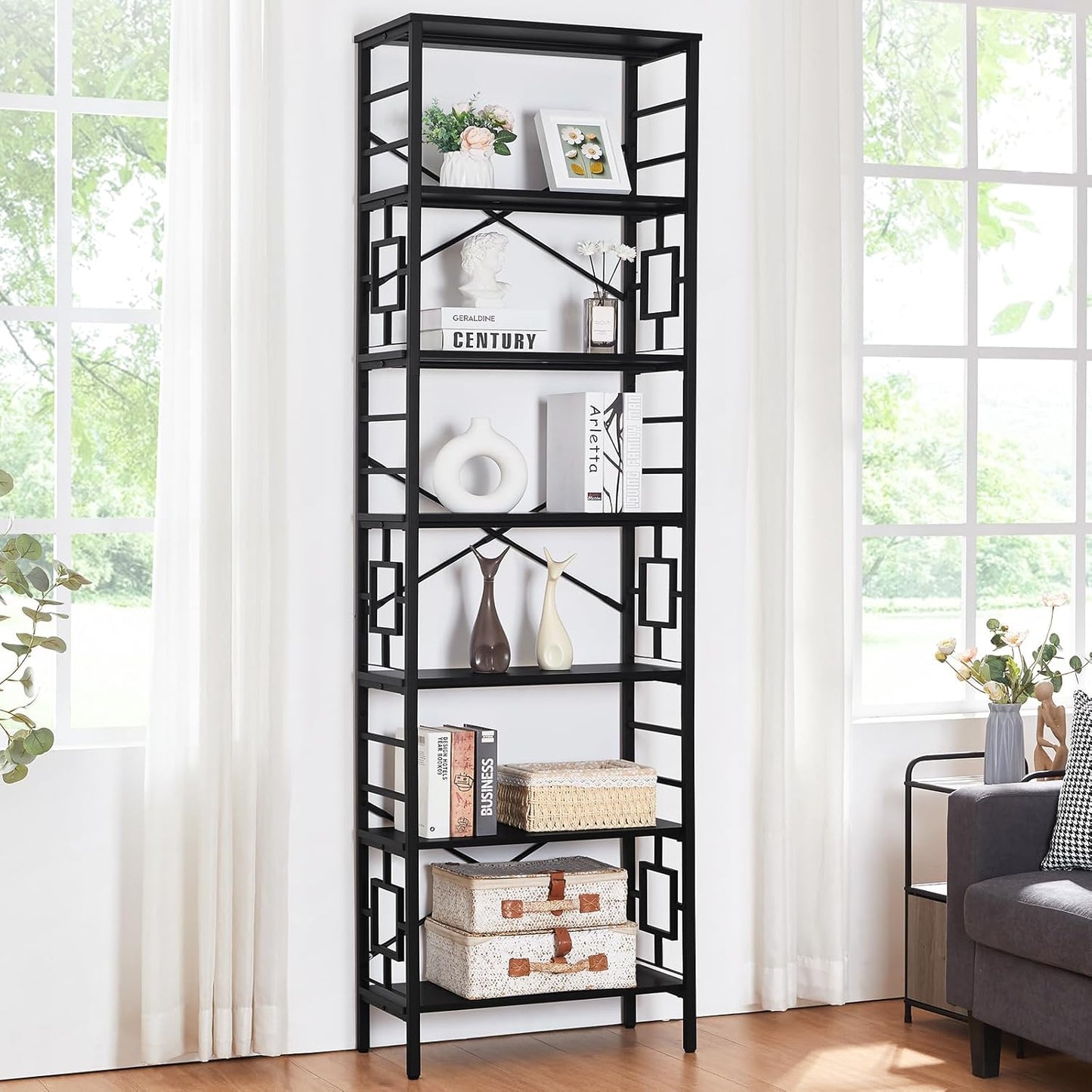 HOMISSUE Tall Bookshelf, 84 Inch Industrial Bookshelf with Metal Frame and Open Shelves, 7 Tier Metal Bookshelves and Bookcases, Rustic Tall Book Shelf for Office, Living Room and Bedroom, Black
