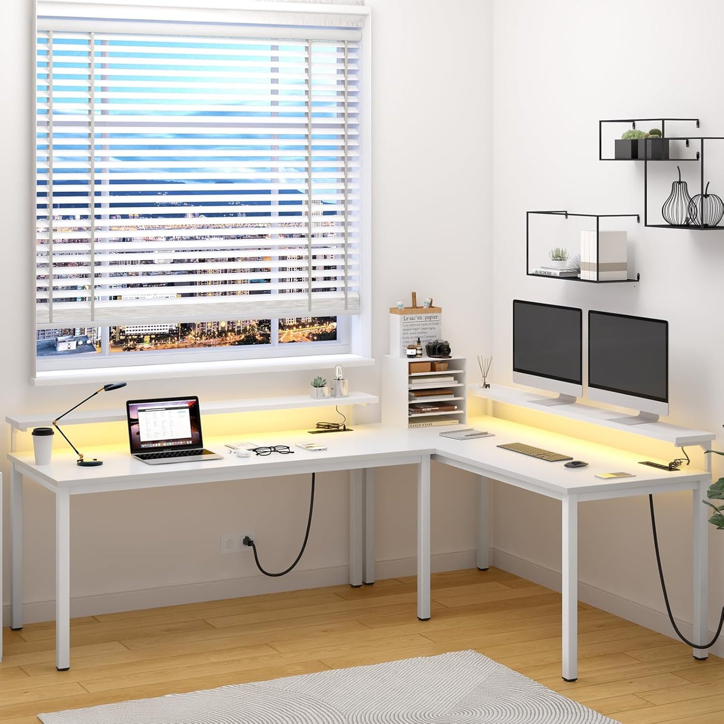 DlandHome Computer Desk 60” with LED Lights &Power Outlets, Writing Desk with Monitor Stand, Work Study Desk for Home Office, White