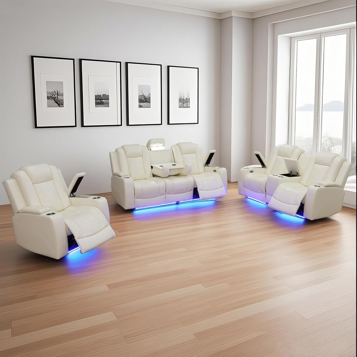 3+2+1 PU Leather Power Sectional Sofa Set, Living Room Furniture, Reclining Couch, Loveseat, Chair with LED Light/USB Ports/Storage Armrests/Center Console/Cup Holders/Wireless Chargers/Coffee Table