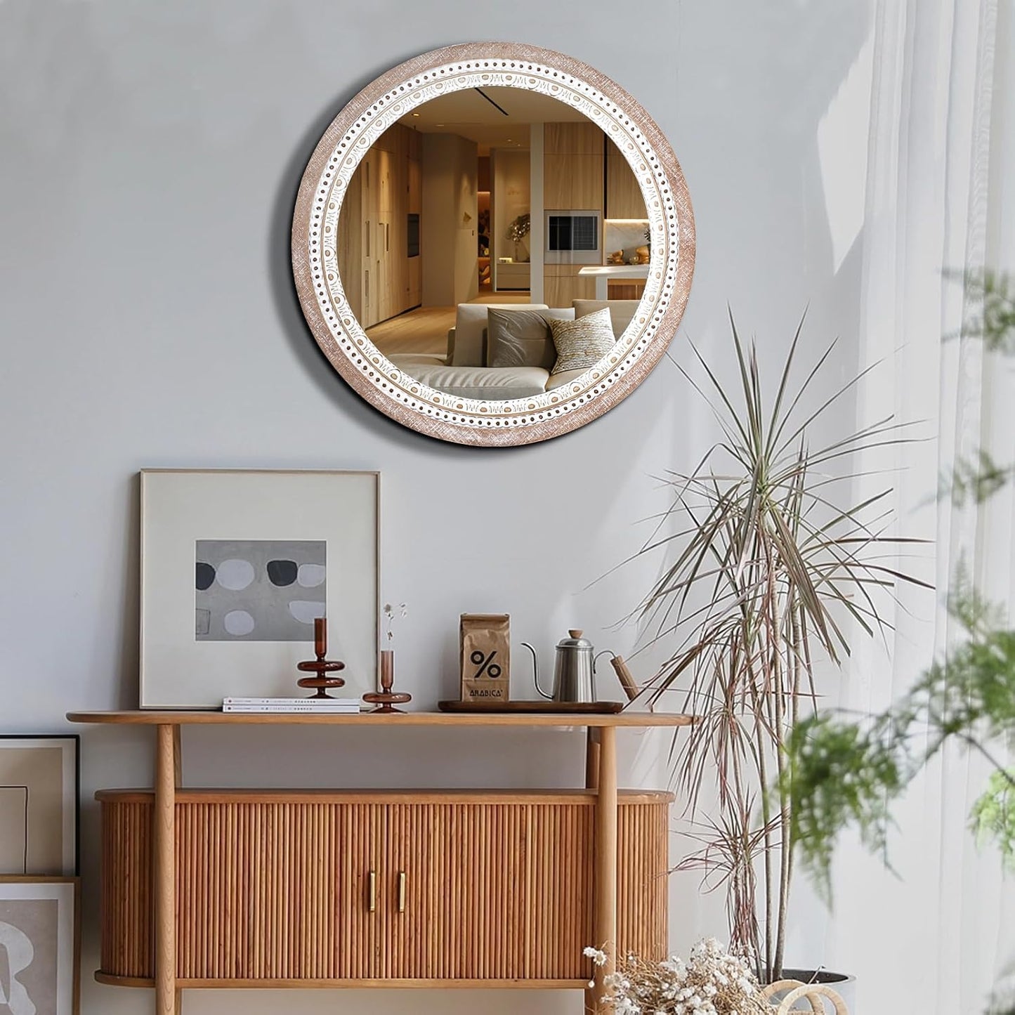 32" Farmhouse Wooden Decorative Round Mirrors for Wall Decor with Beads Frame, Rustic Large Circle Mirrors for Bathroom, Over Sink, Bedroom, Living Room, Entryway
