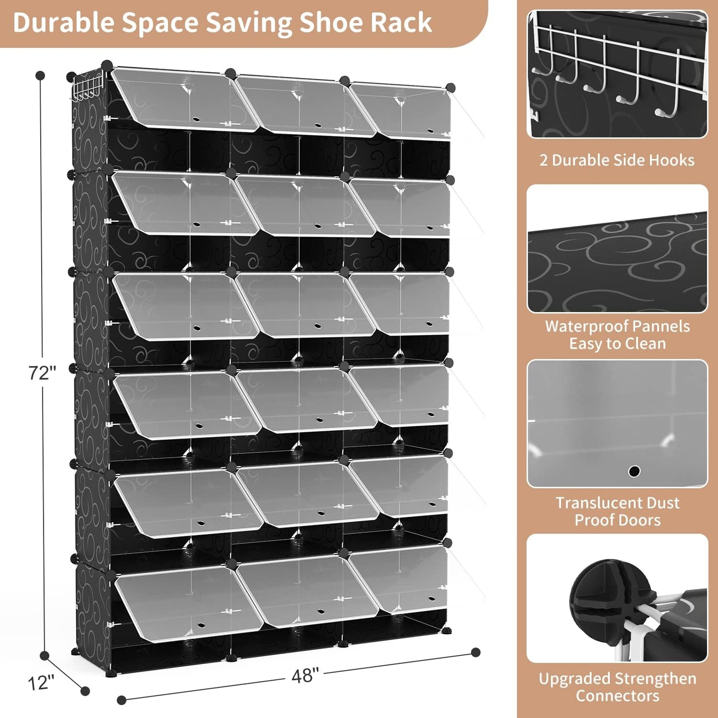 ROJASOP Portable Shoe Rack Organizer, 72 Pairs Covered Shoe Rack Shoe Organizer for Closet Entryway 12-Tier Shoe Storage Cabinet Space Saver Closed Shoe Organizer Cabinet with Doors