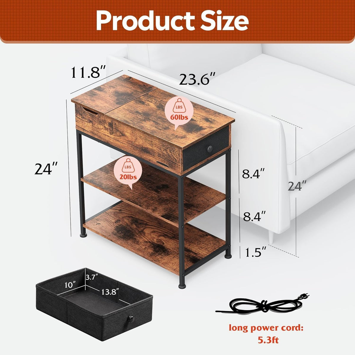 WLIVE Narrow Side Table with Charging Station, End Table for Living Room, Couch Side Table with Fabric Drawer for Bedroon, 11.8‘’W 23.6‘’L 24‘’H, Rustic Brown