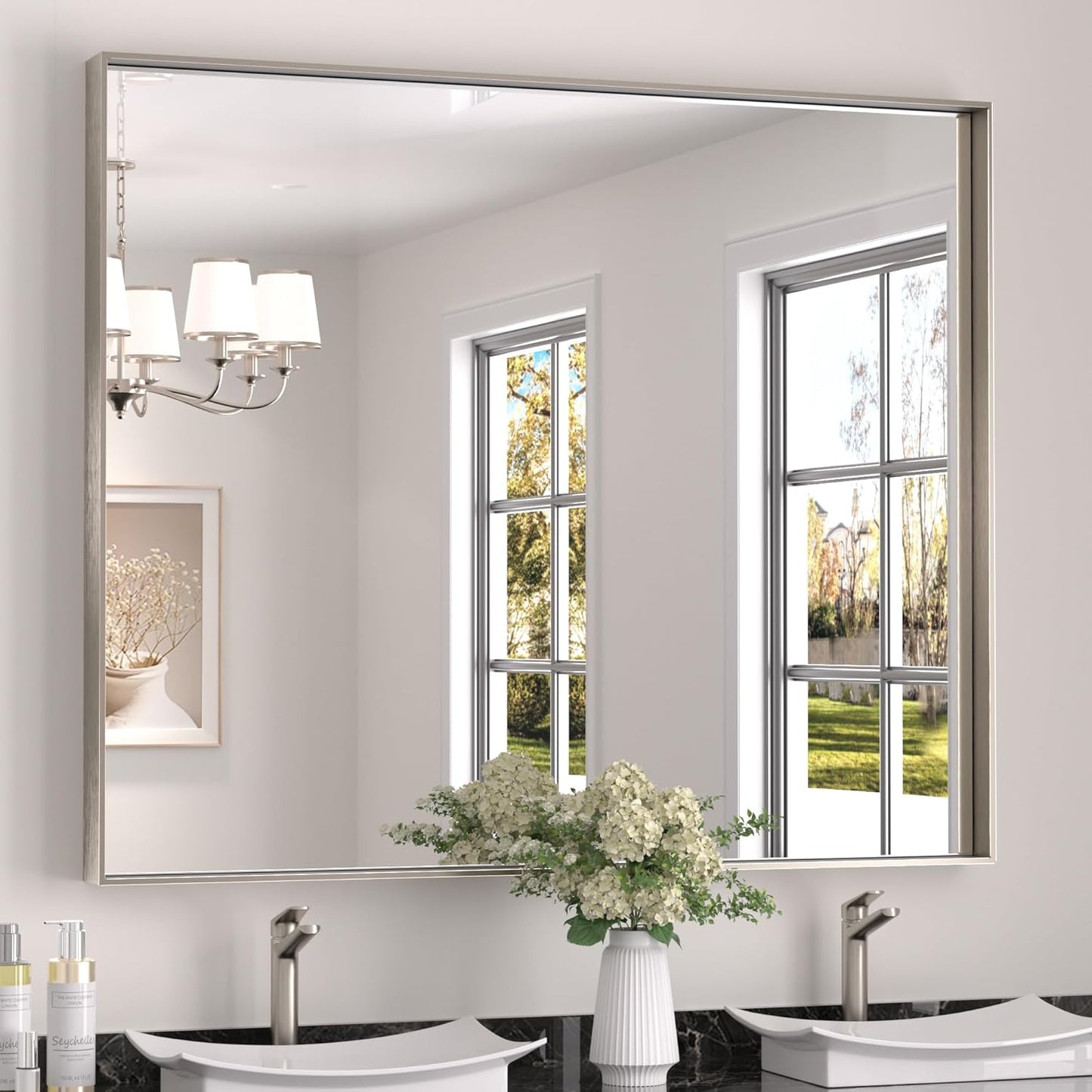 Keonjinn 48 x 40 in Brushed Nickel Bathroom Mirror, Rectangular Wall Metal Framed Vanity Mirror Square Corner Aluminum Alloy Modern Rectangle Wall-Mounted Mirror(Horizontal/Vertical)