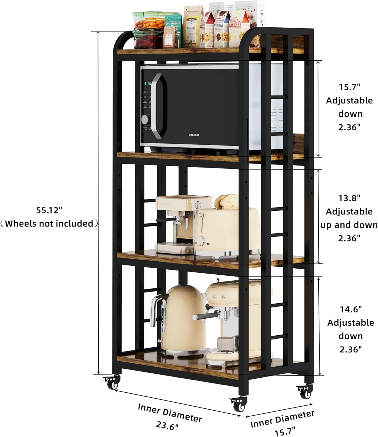 4-Tier Kitchen Baker's Rack with Rolling Wheels, Microwave Oven Cart Stand, Adjustable Utility Shelving Storage Unit, Heavy Duty Organizer Rack for Living Room, Garage, Home and Office(Brown)