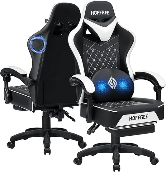 HOFFREE Gaming Chair with Speakers Massage Computer Gaming Chair with Pocket Spring Cushion for Adults Reclining Gamer Chair with Bluetooth Video Game Chairs with Footrest White and Black