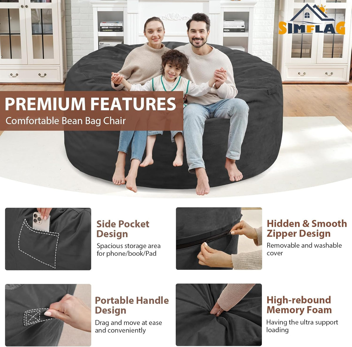 5FT Bean Bag Chair, Large Bean Bag Chairs with Memory Foam Filled, Fluffy Beanbag Sofa with Dutch Velvet Cover, Round BeanBag Chairs for Living Room, Playroom - Grey
