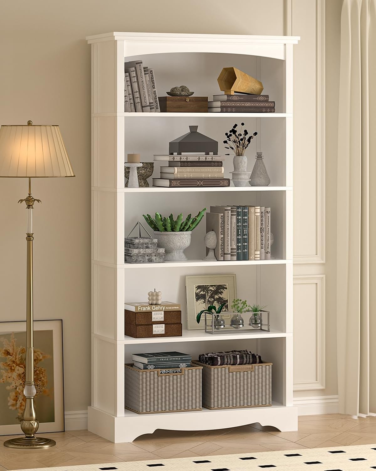 TVU 5-Tier Wooden Bookshelf, 65 Inch Tall Bookshelf with Storage, Floor Standing Modern Style Display Bookcase for Living Room, Office, Study Room, Entryway, White