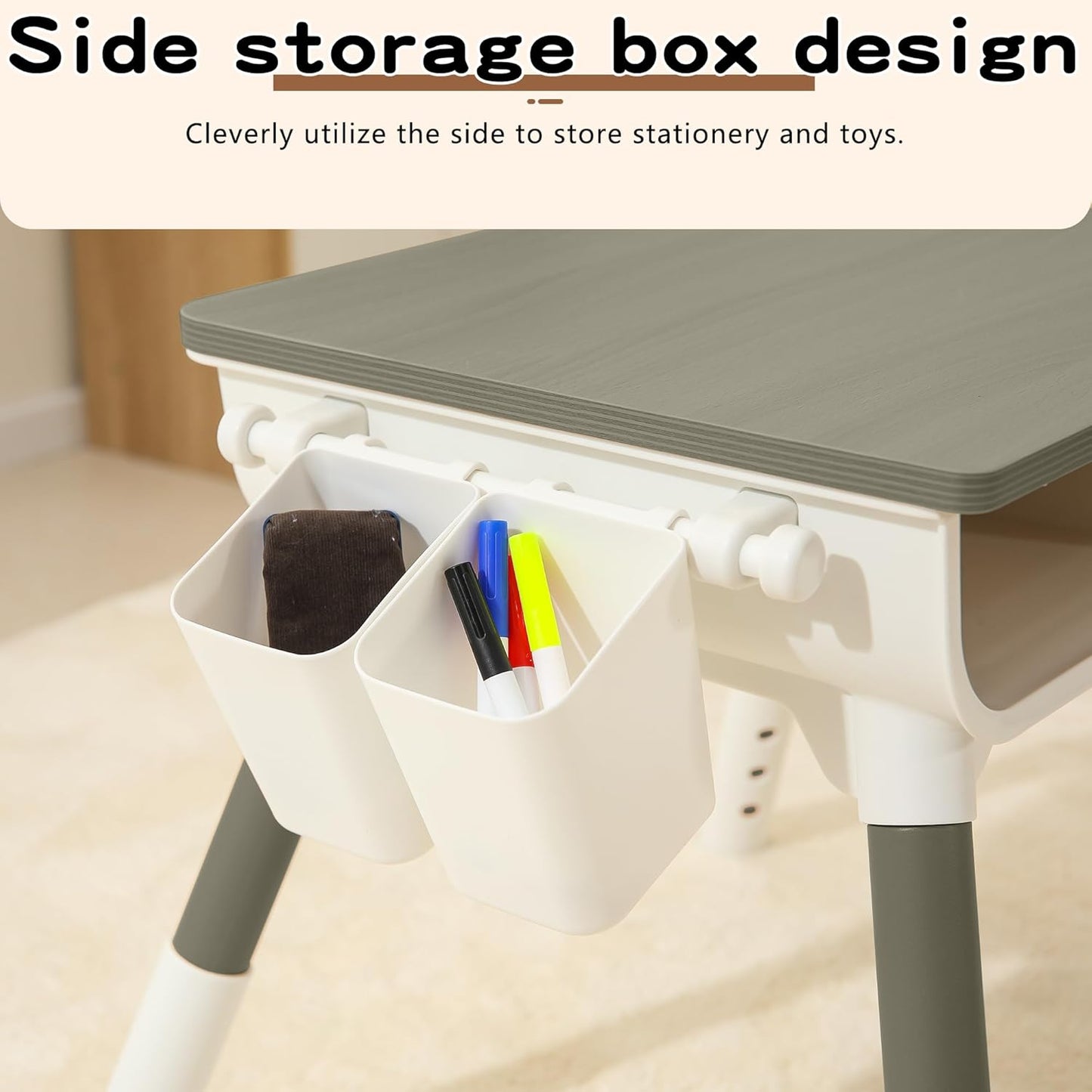 Kids Study Desk and Chair set Height Adjustable Graffiti Desktop Storage Drawer Storage Basket non Slip Legs Suitable for Max Weight of 220 Pounds Suitable for Children Aged 2-10(Dark grey 2Chair)