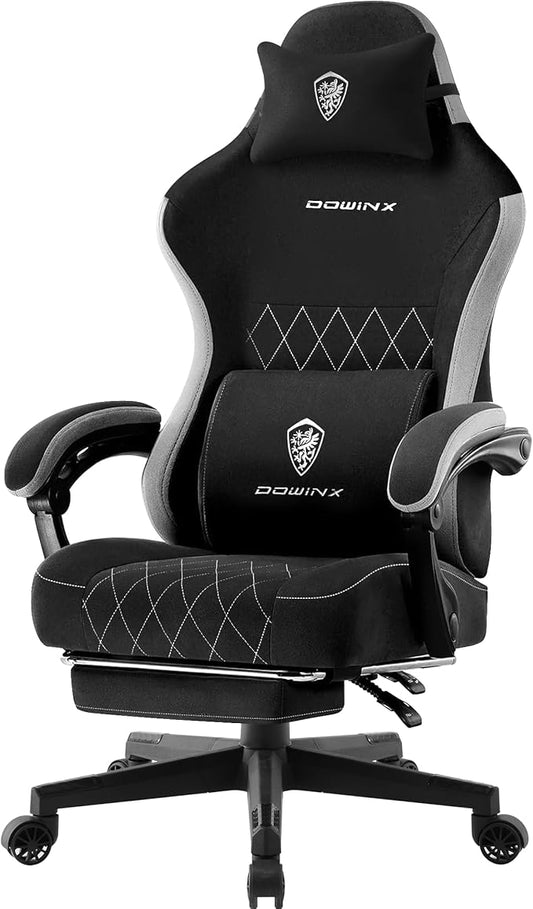Dowinx Fabric Gaming Chair, Computer Office Chair with Pocket Spring Cushions and Lumbar Support, Ergonomic Massage Gaming Chairs with Footrest for Big and Tall, Black