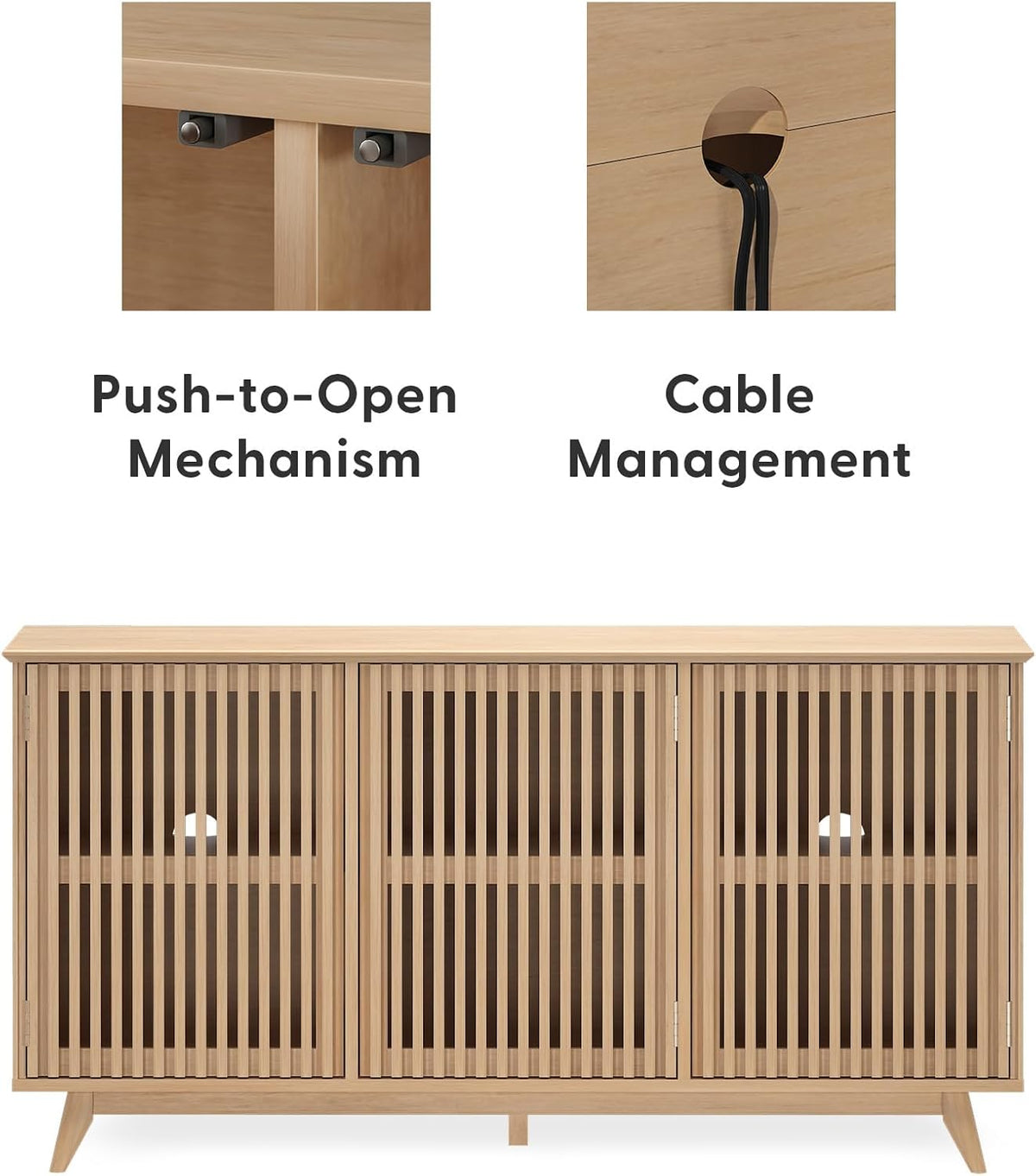 Plank+Beam Mid-Century Modern Wood TV Stand, Three Door Solid Wood Entertainment Console with Storage, 59" L x 16" W x 30" H, Blonde