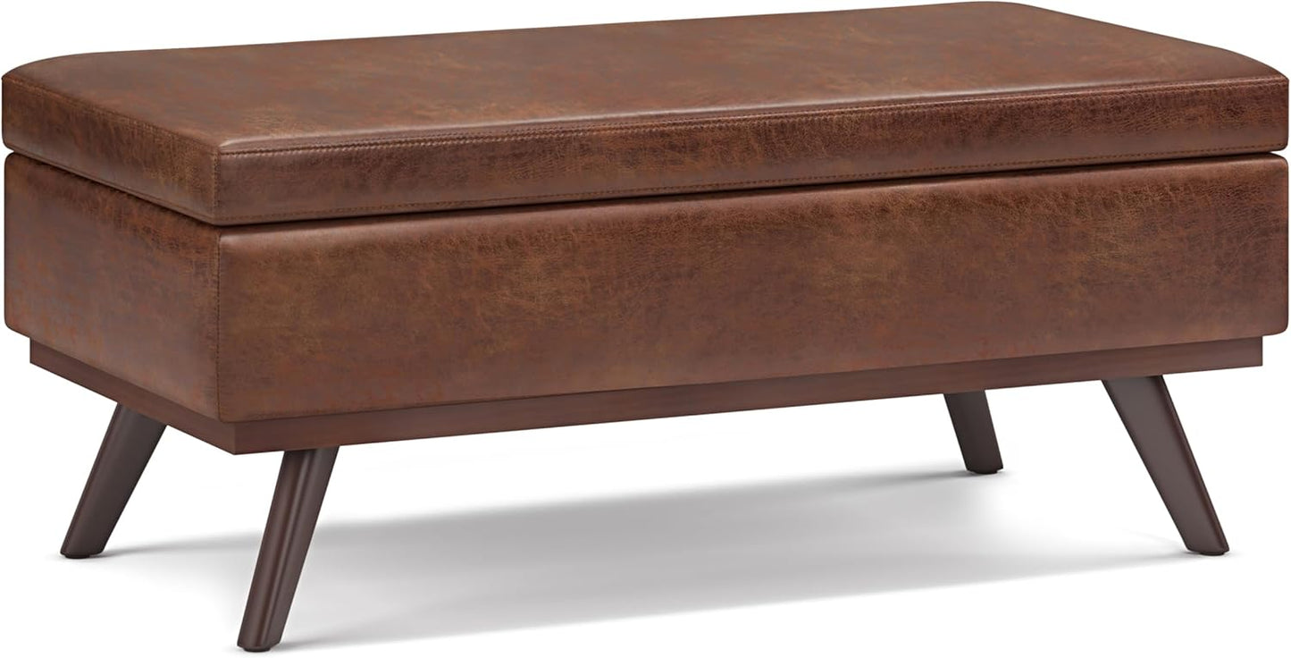 SIMPLIHOME Owen 42 inch Wide Mid Century Modern Rectangle Lift Top Large Coffee Table Storage Ottoman in Distressed Saddle Brown Vegan Faux Leather, Assembled, for the Living Room and Entryway