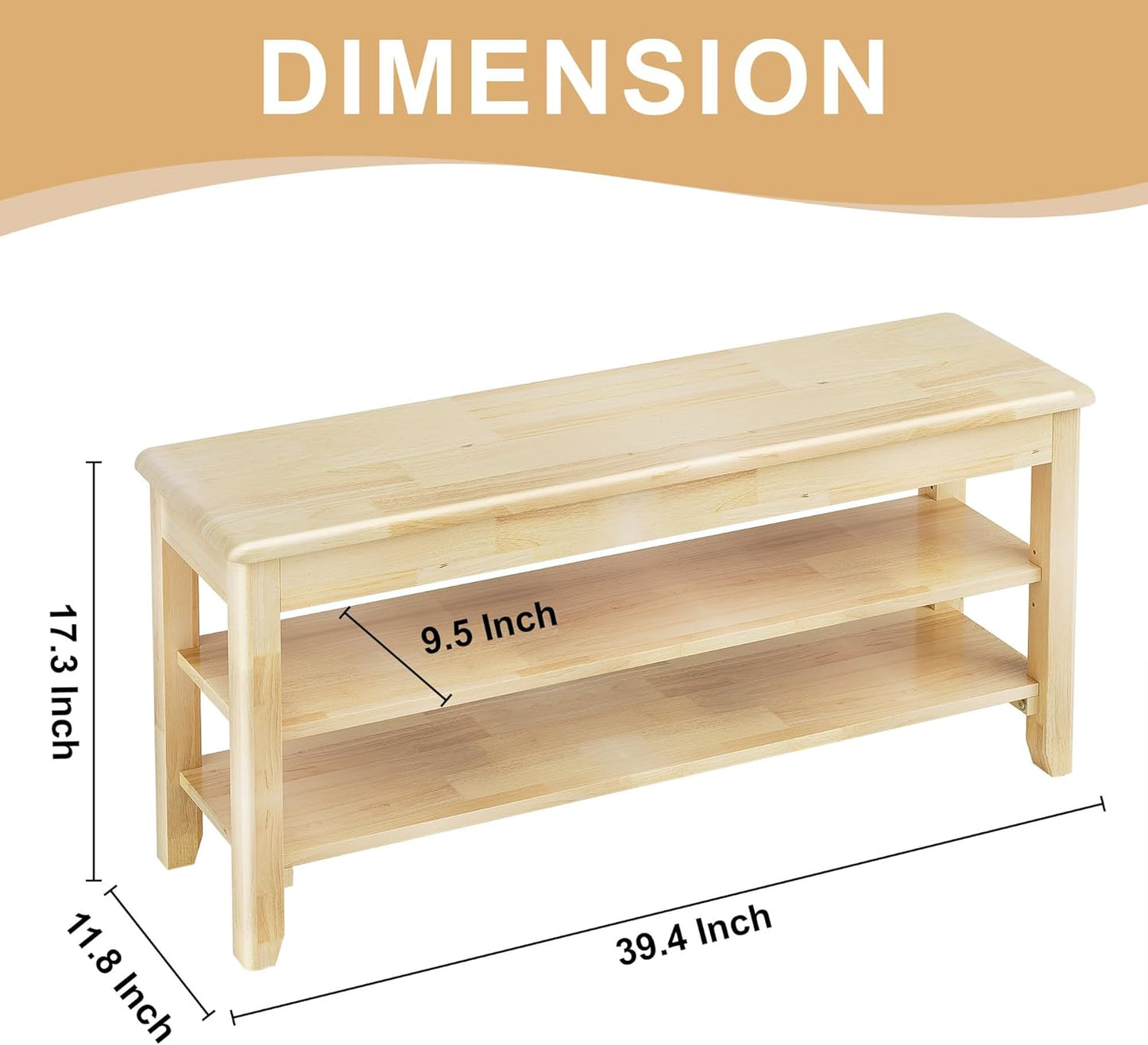 Shoe Storage Bench for Entryway - 3 Tier Shoe Rack for Front Door Entrance, Rubberwood Shoes Rack Height Adjustable, Entryway Bench with Shoes Storage for Any Room (Natural, 39.4" W)