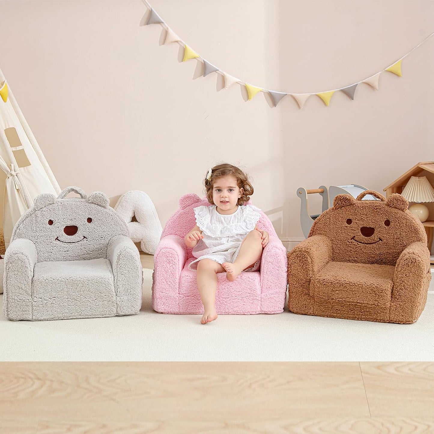 Toddler Chair,Sherpa Bear Kids Chair,Toddler Couch Fold Out,Children Reading Chair,Flip Out Kids Couch,Toddler Sofa Convertible for Age 1-3(Grey Bear)