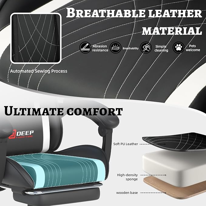 Ergonomic Gaming Chair with Footrest and Lumbar Massage, Racing Office Chair, High Back Computer Desk Chair with Headrest Pillow for Adults, Video Game Chair for PC Gamer (1001-White)