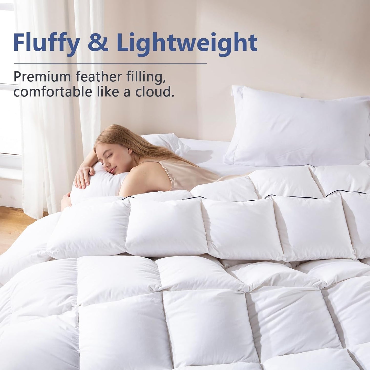 DOWNCOOL Feather Comforter California King, White Fluffy Duvet Insert with Ultra Soft 100% Cotton Cover, All Season Luxurious Hotel Bed Comforter with Corner Tabs, California King 104"x96"