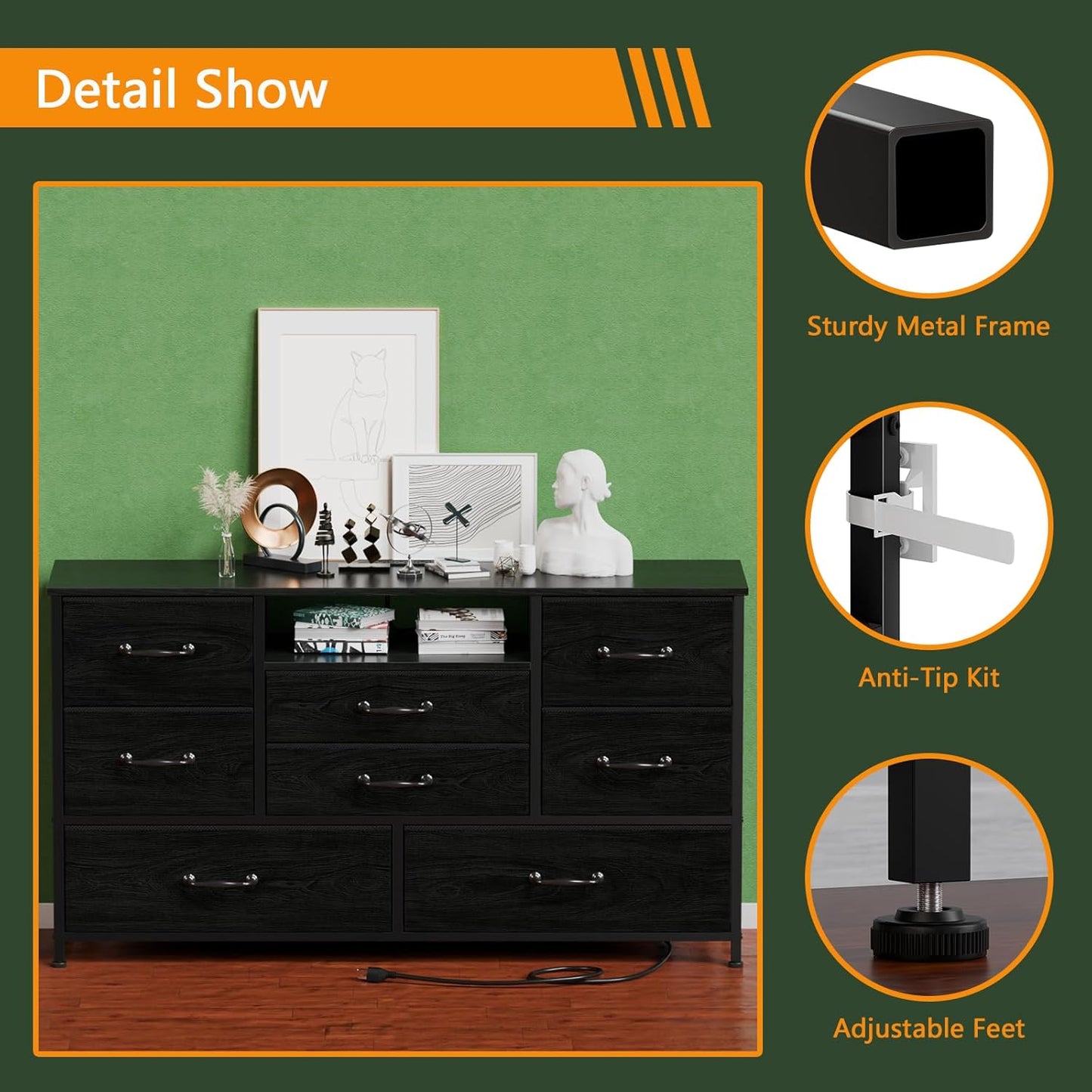 Furnulem Dresser TV Stand with Power Outlet for 55'' Long TV, Entertainment Center with 8 Deep Drawers,Wide Chest of Drawer for Storage in Bedroom,Closet,Living Room,Hallway(Black Oak)