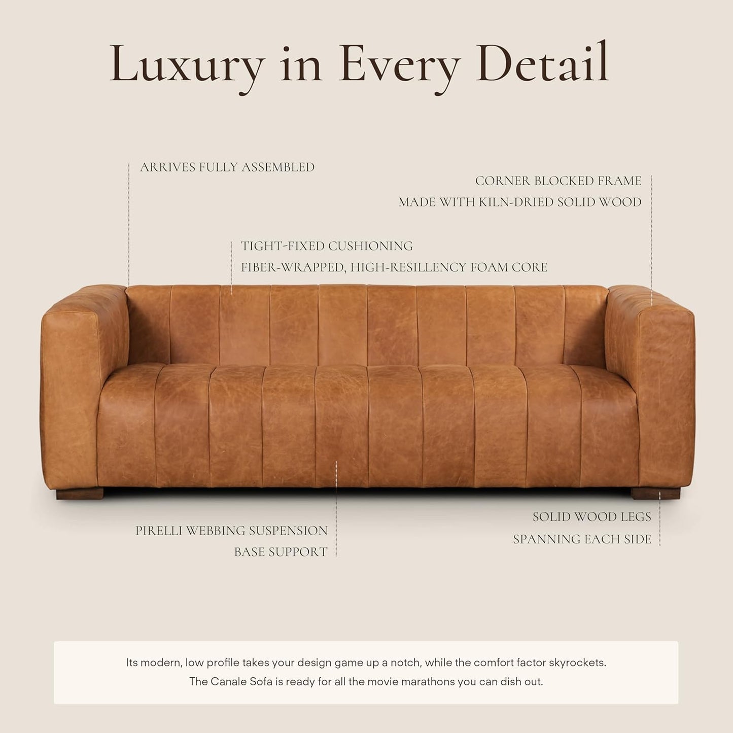 Poly & Bark Canale Leather Couch - 86 Inch Sofa - Full-Grain Channel Tufted Leather Sofa for Living Room - Living Room Couch - Pure Aniline Vintage Italian Leather in Cognac Tan