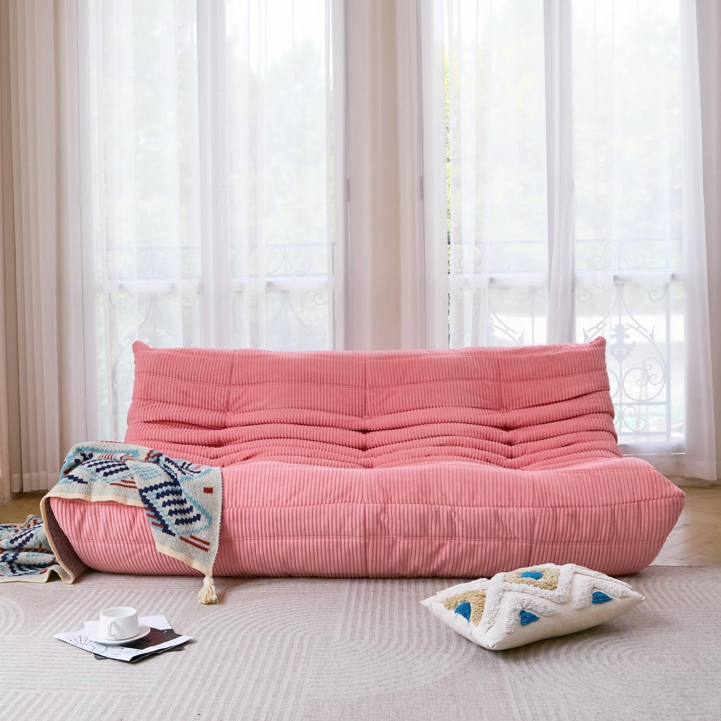 N&V Fireside Three Seater Sofa, Mid Century Armless Twin Size Floor Lounge Chair, Soft Premium Corduroy Floor Sofa, Accent Chair for Living Room, Bedroom (Salmon)