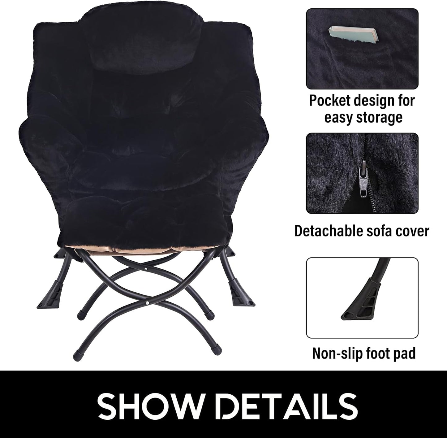 LITA Lazy Chair with Ottoman, Modern Accent Leisure Upholstered Sofa Chair, Lounge Reading Chair with Armrests and a Side Pocket for Living Room, Bedroom & Small Space, Plush Black