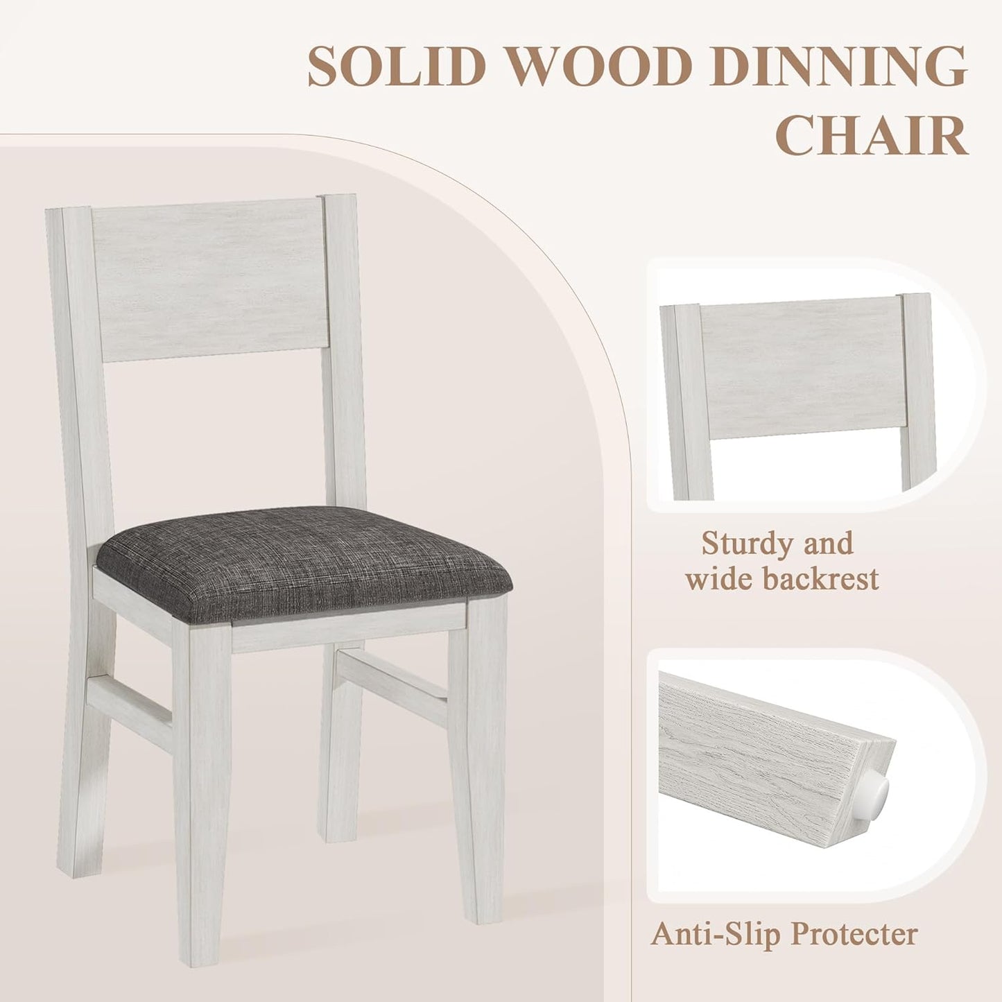 Solid Wood Dining Chairs Set of 2, Farmhouse Kitchen Chairs with Upholstered Cushion, Easy Assembly for Dining Room, Kitchen, Washed Gray