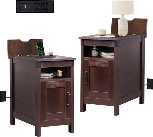 WLIVE Narrow End Table Set of 2 With Charging Station, Side Tables for Living Room, Small Spaces, Couch, Night Stand Set With Storage, USB Ports and Outlets, Espresso