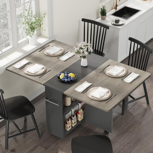 GarveeHome Folding Dining Table, Space Saving Farmhouse Dining Table for 4 Storage Shelf, 6 Wheels Multipose Expandable Kitchen Drop Leaf Table for Small Space (Carlo Grey, 47.2"D x 23.6"W x 29.5"H)