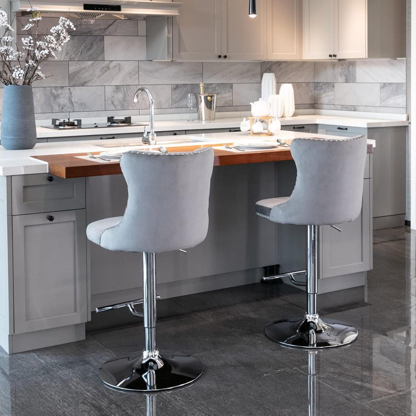 PacknWood Acosure Swivel Velvet Barstools Adjusatble Seat Height from 25-33" with Comfortable Tufted,Modern Upholstered Chrome Base Bar Chairs,for Home Pub Kitchen,Gray,Set of 2
