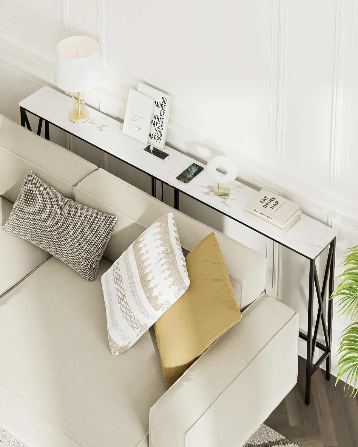 Masupu 70.9" Console Table with Power Outlet, Modern Narrow Long Sofa Table Behind Couch, Skinny Entry Table, Industrial Sofa Table with Metal Frame for Hallway, Living Room, White and Black