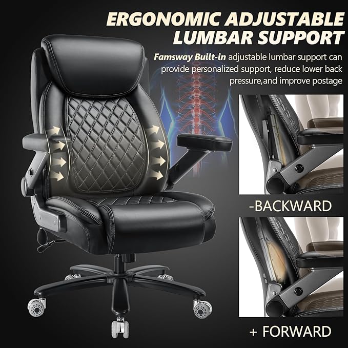 600LBS Large Heavy Duty Office Chair with 5D Flip Arms,Comfy Big and Tall Executive Office Desk Chair with Pocket Spring Cushion,High Back Computer Chair with Lumbar Support,Dual Rubber Wheel