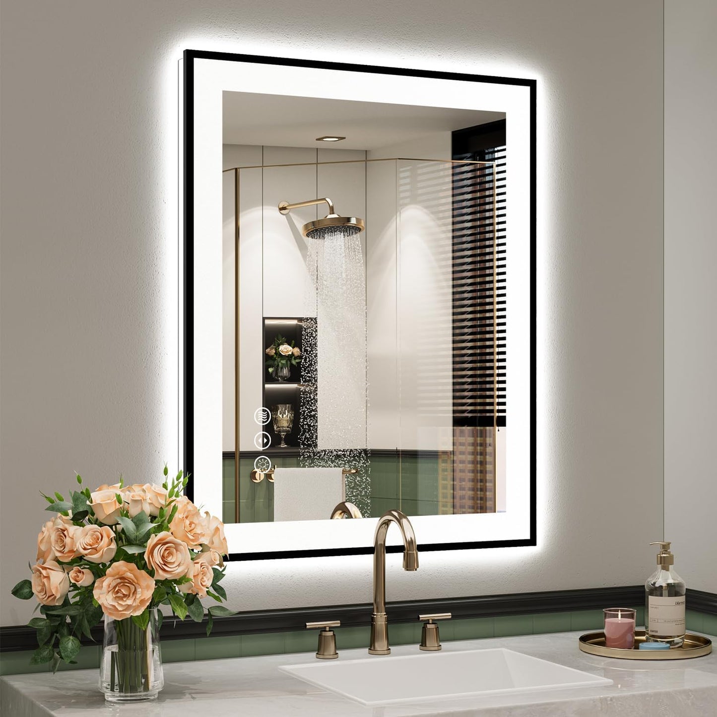 24x30 Inch LED Bathroom Mirror with Lights (Front Lit and Backlit) Black Framed Lighted Vanity Mirror for Bathroom Wall Dimmable Anti-Fog Memory Tempered Glass Horizontal/Vertical