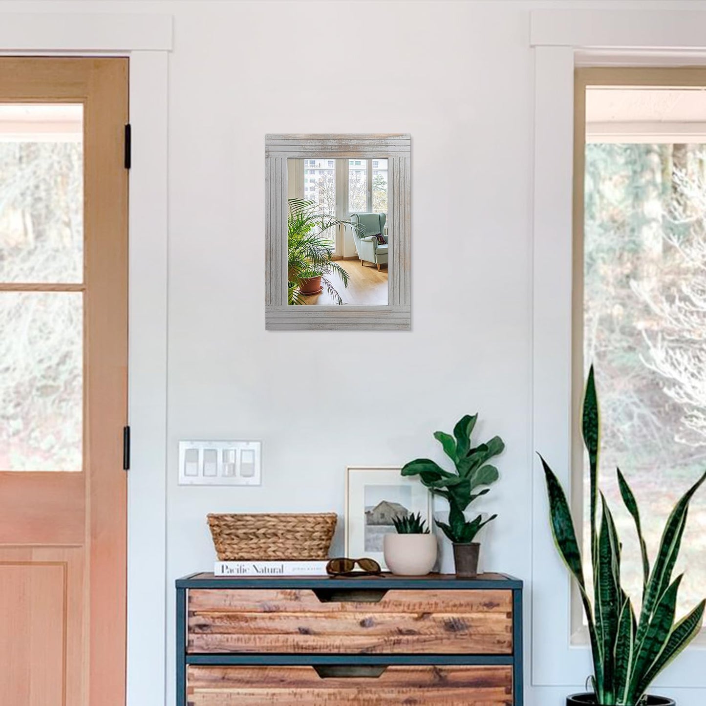 Rustic Wall Mirror Farmhouse, with Frame Wood Wall Mirror Rectangle Antique Decor Hanging Mirror for Bathroom Living Room Bedroom Entryway Small 16" x 12 "
