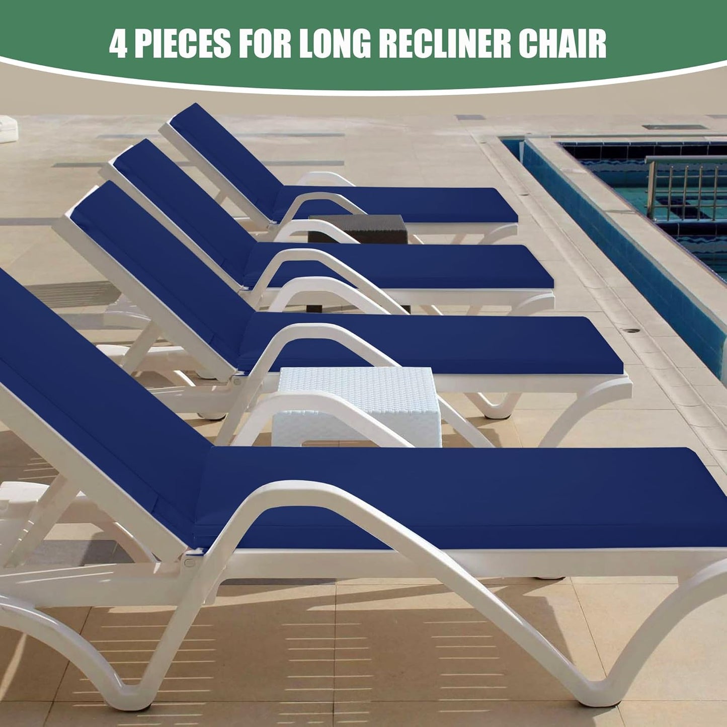 Chaise Lounge Cushions Outdoor Set of 4 - Waterproof and Fade Resistant Sun Lounger Replacement Cushions - Patio Lounger Pads with Removable Cover for Pool, Deck, 80 x 26 x 3 Inch, Navy