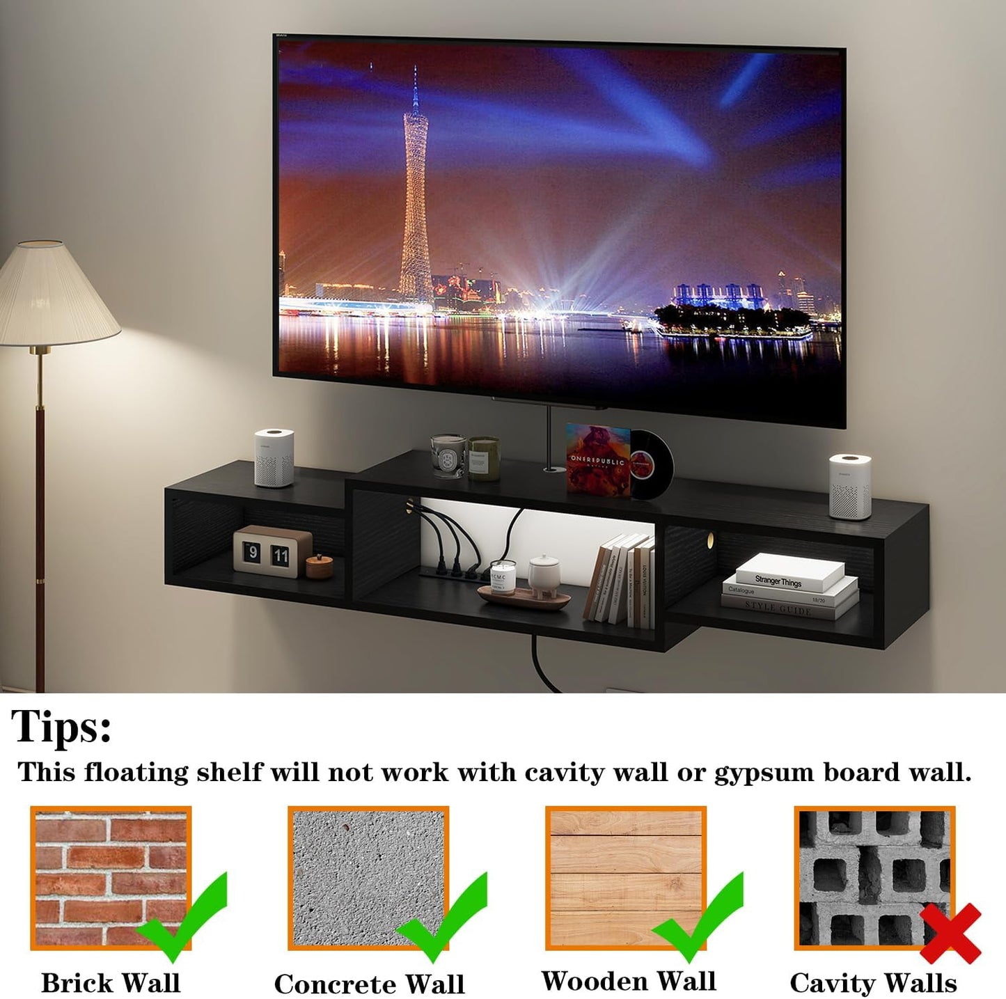 IBUYKE 59" Floating TV Stand Wall Mounted with Power Outlet,Wood Wall Mounted Media Console Shelf,Floating Entertainment Center for Under TV Storage for Living Room Bedroom Office,Black WST007B