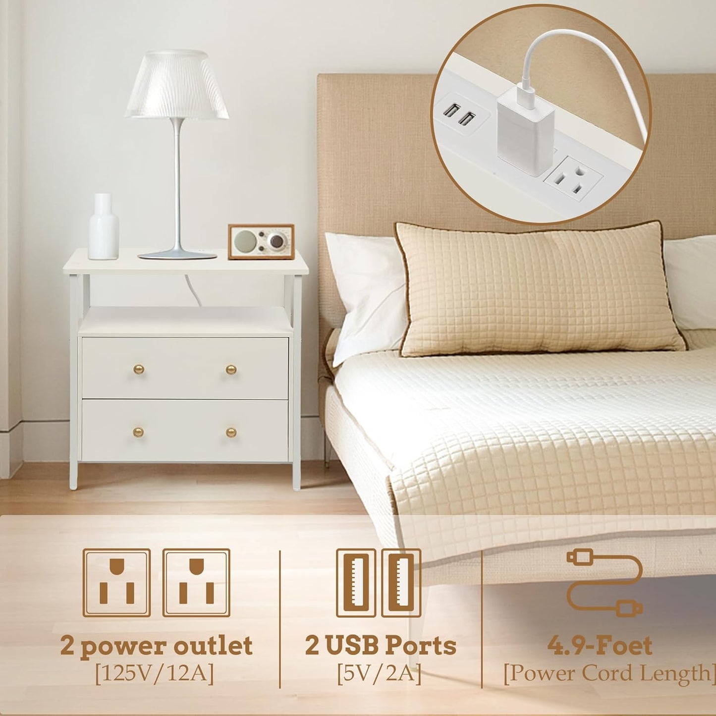 27 inch Wide Nightstand with Charging Station, Bedside Table with Open Shelf, 2 Drawers Small Wood Dresser, End Side Table for Bedroom (White)