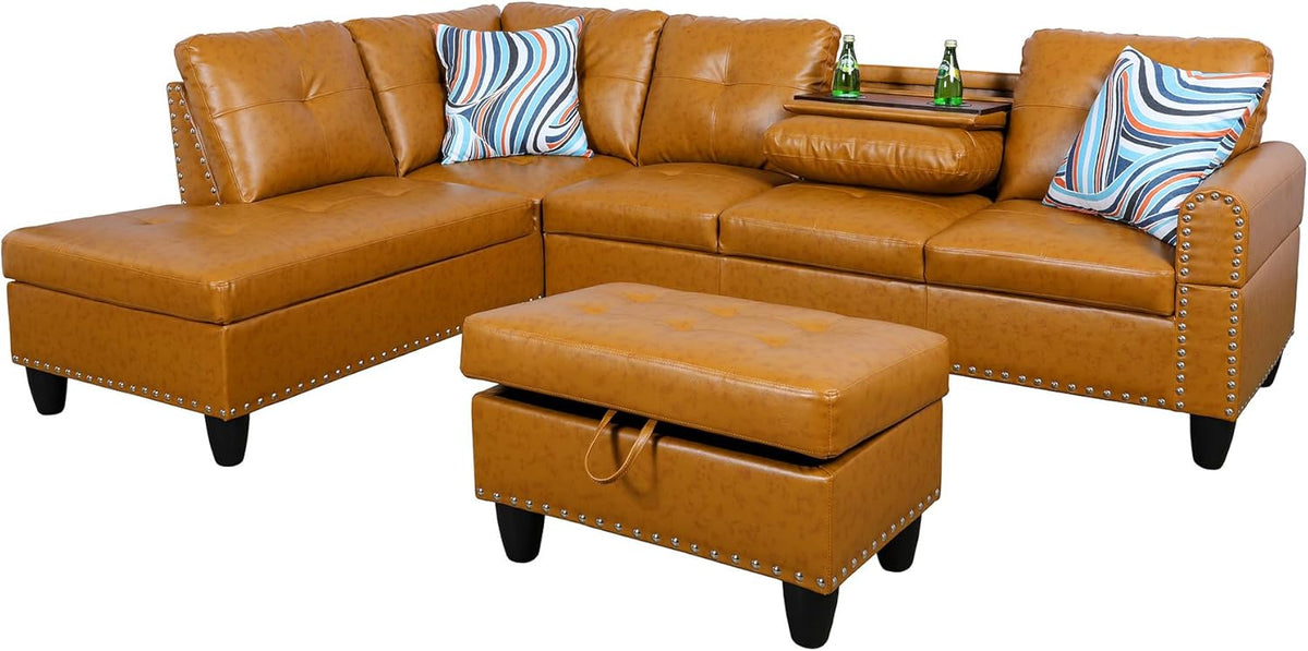 L Shaped Couch PU Leather Sectional Couch Upholstered 3 Pieces Sofas for Living Room with Chaise, Storage Ottoman for Office and Small Apartment, Ginger