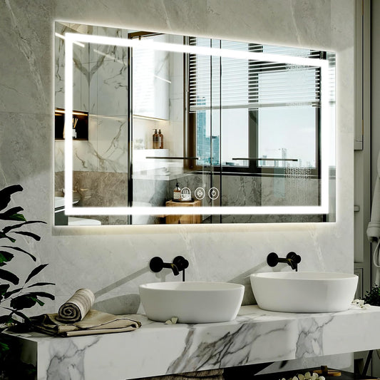 40"x 60"LED Bathroom Mirror, Backlit + Front Lit, LED Bathroom Mirror with Lights for Wall, 3 Colors, Anti-Fog, Dimmable Brightness, Memory Function, Tempered Glass