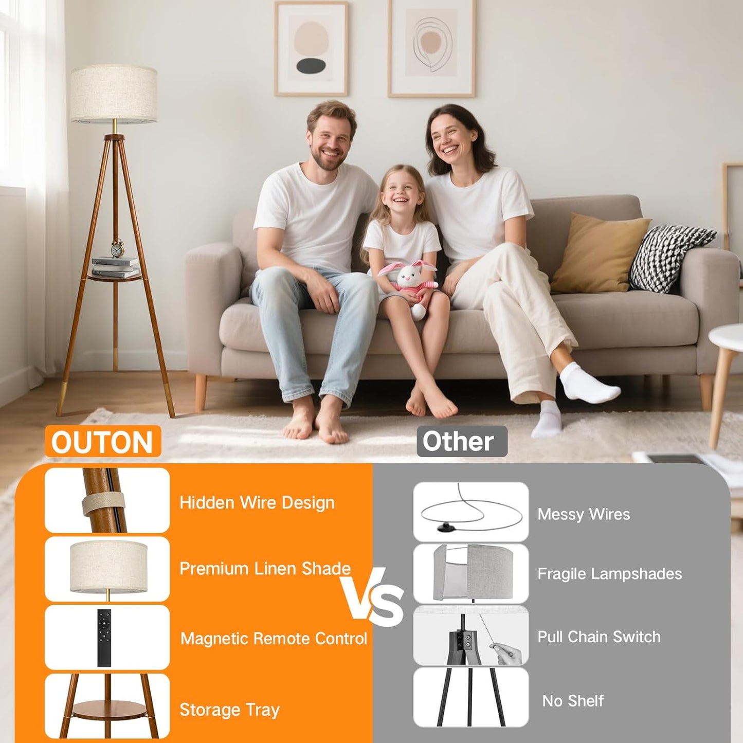 OUTON Wood Tripod Floor Lamp with Shelves, Mid Century Floor Lamp with Remote Control, 4 Color Temperature, LED Modern Dimmable Standing Lamp for Living Room, Bedroom, Office, Walnut & Gold