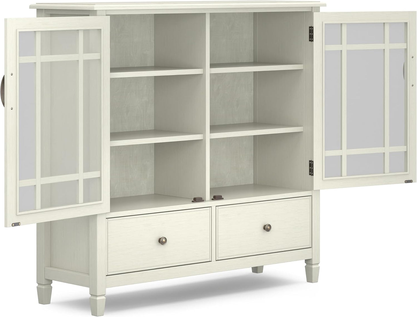 SIMPLIHOME Connaught SOLID WOOD 46 inch Wide Traditional Tall Storage Cabinet in Antique White for the Living Room, Entryway and Family Room