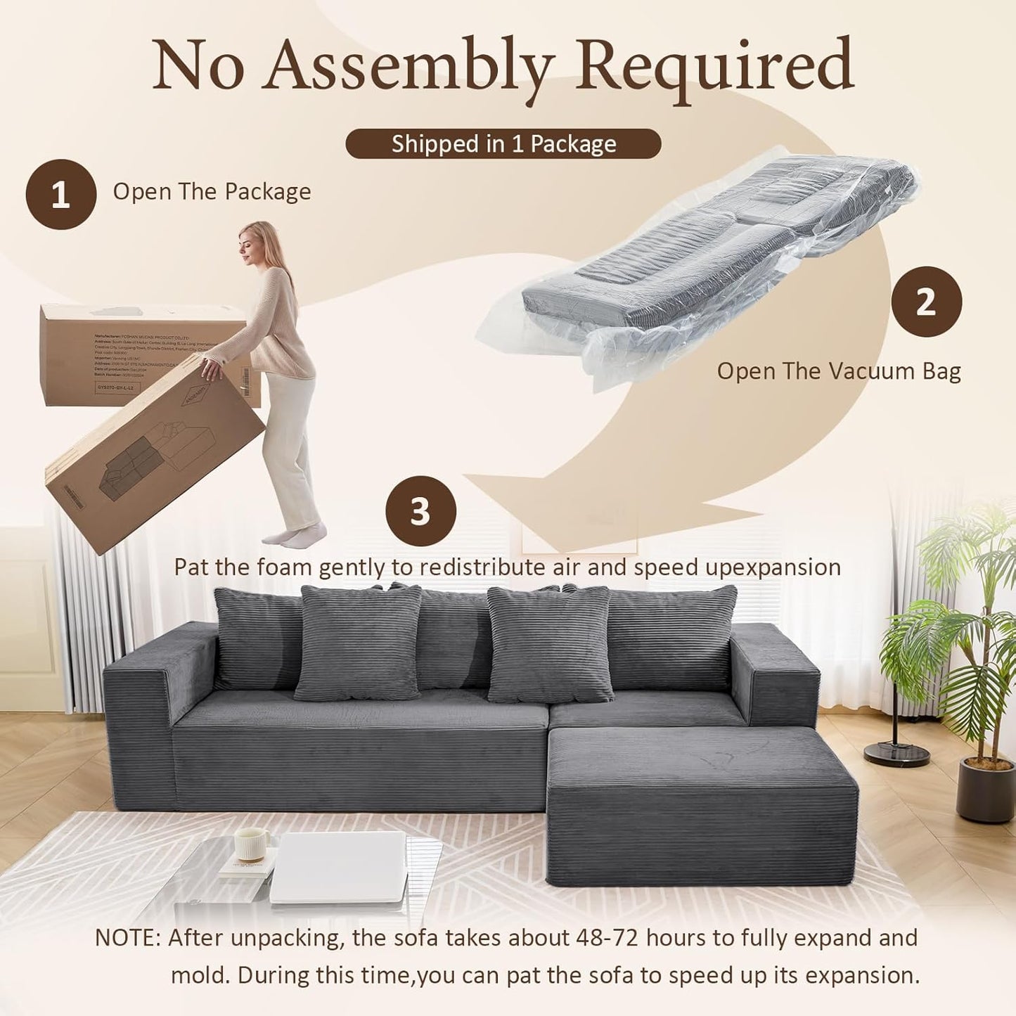 INGEROOM 108" Cloud Sectional Couch with L-Shape Chaise, Modular Sofa Memory Foam, Boneless Sofa with Movable Ottoman, Upholstered Couches for Living Room Bedroom, No Assembly Required, Dark Gray