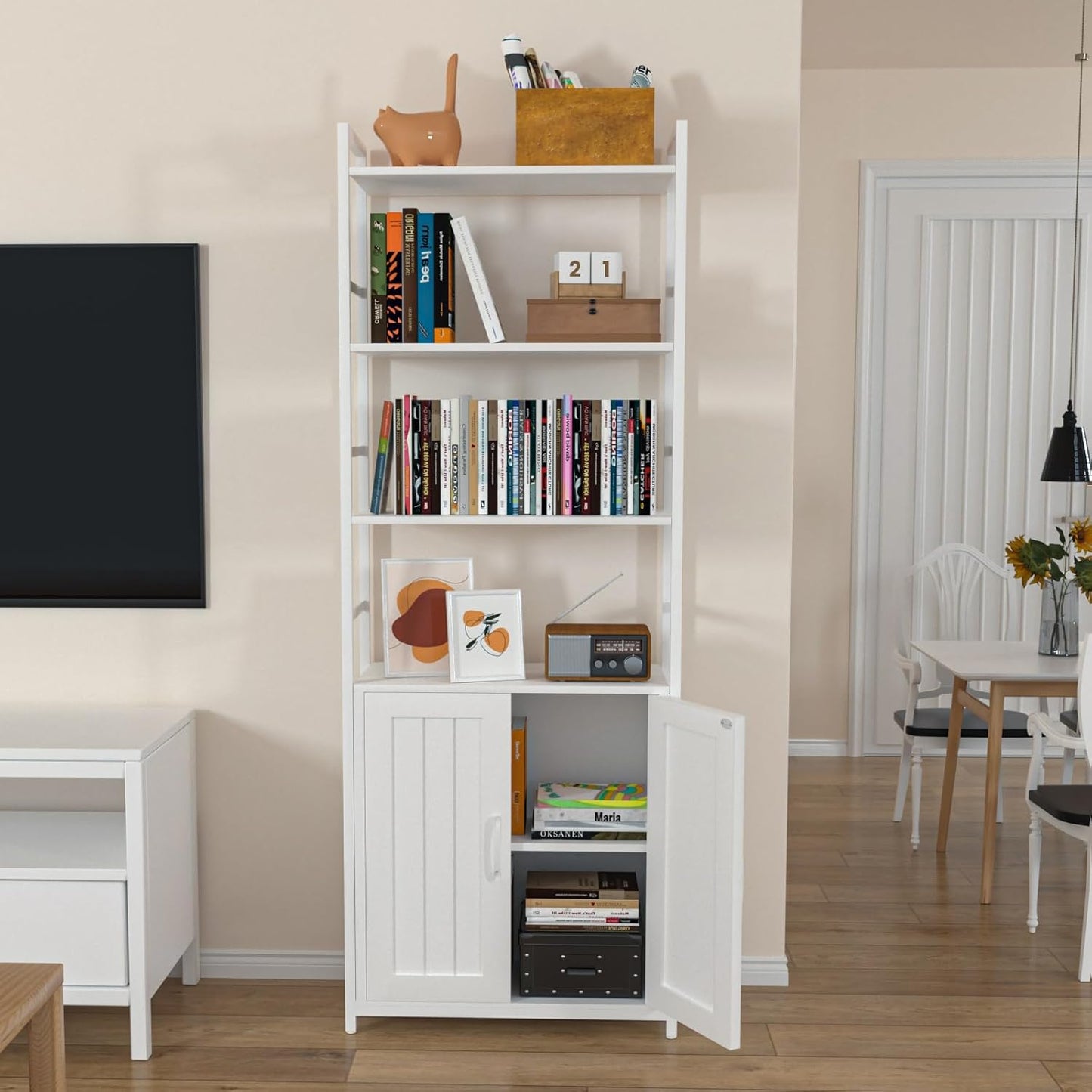 White Bookshelf with Doors,70" Tall Bookcase with Storage Cabinet,6 Tier Book Shelf for Living Room/Bedroom/Home Office/Kitchen,70"(H)*26"(L)*11.8"(W)