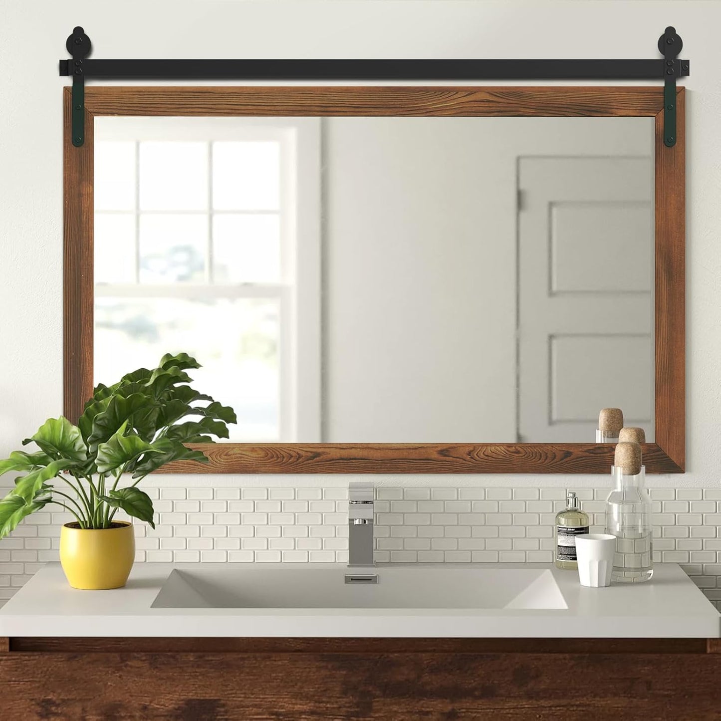 YOSHOOT Farmhouse Barn Door Wall Mirror, 40"x26" Rustic Wood Framed - Vintage Style for Bathroom, Living Room or Entryway, Brown, Horizontal Hanging ONLY