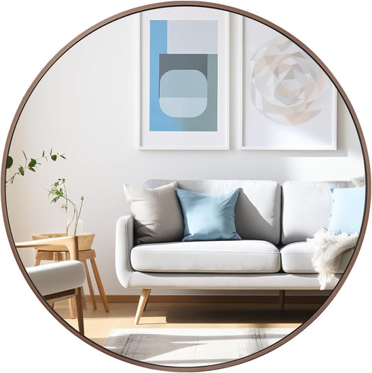 30 inch Circle Wall Mirror, Brushed Bronze Metal Framed Round Mirror for Bathroom Vanity, Bedroom Decor, Living Room, Entryway